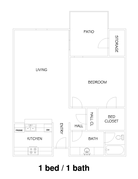 Floor plan for 1 bed, 1 bath, 800 sqft
