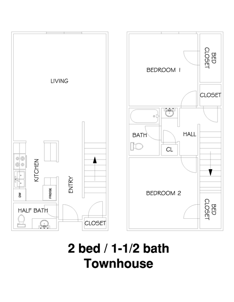 Floor plan for 2 beds, 1.5 baths, 1000 sqft