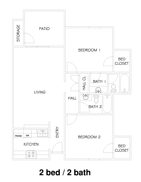 Floor plan for 2 beds, 2 baths, 1100 sqft