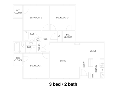 Floor plan for 3 beds, 2 baths, 1275 sqft