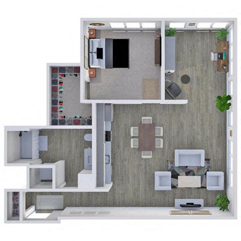 Floor plan for 1 bed, 1 bath, 1045 sqft