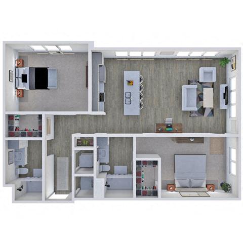 Floor plan for 2 beds, 2 baths, 1222 sqft