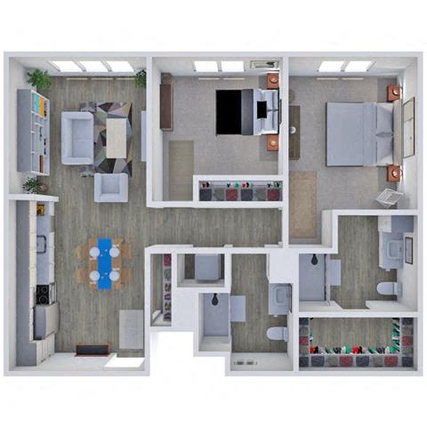 Floor plan for 2 beds, 2 baths, 1042 sqft