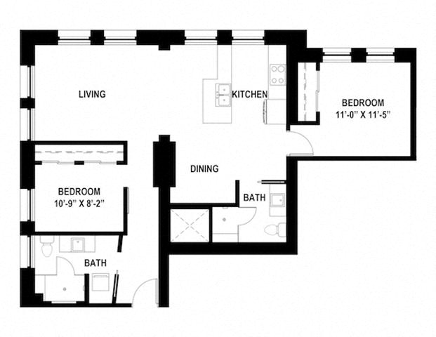 Floor plan for 2 beds, 2 baths, 1035 sqft