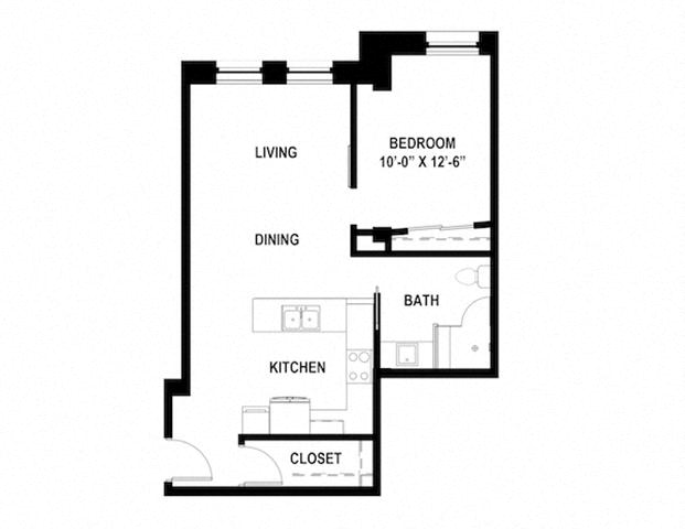 Floor plan for 1 bed, 1 bath, 660 sqft