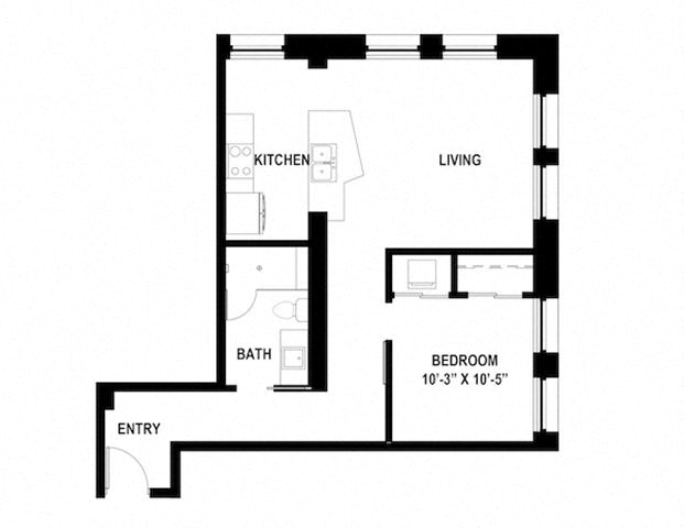 Floor plan for 1 bed, 1 bath, 710 sqft