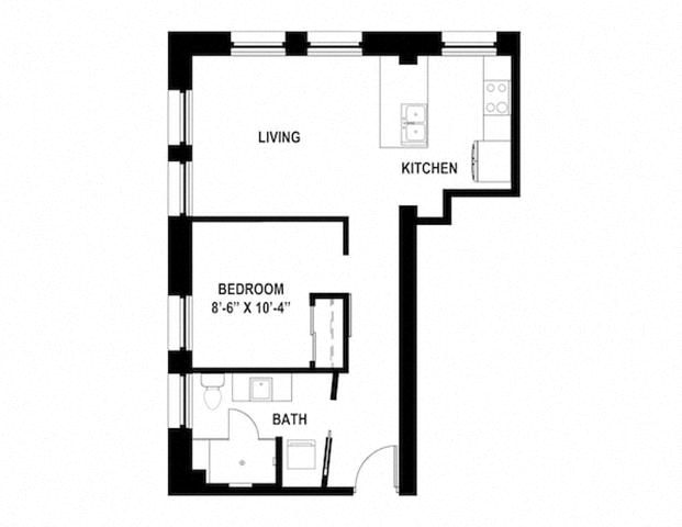 Floor plan for 1 bed, 1 bath, 590 sqft