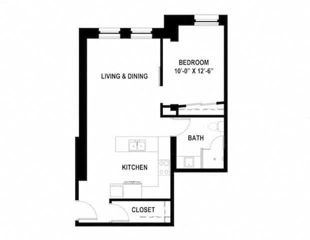 Floor plan for 1 bed, 1 bath, 660 sqft
