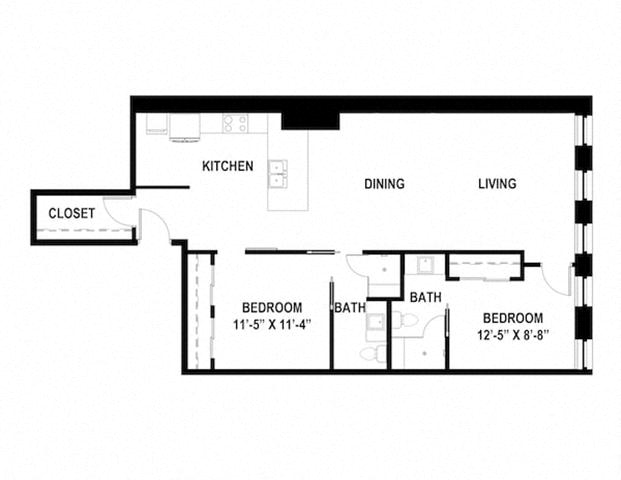 Floor plan for 2 beds, 2 baths, 1125 sqft