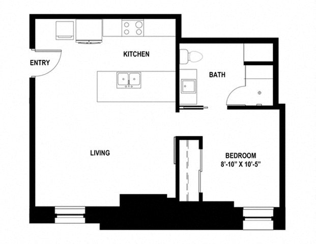 Floor plan for 1 bed, 1 bath, 580 sqft