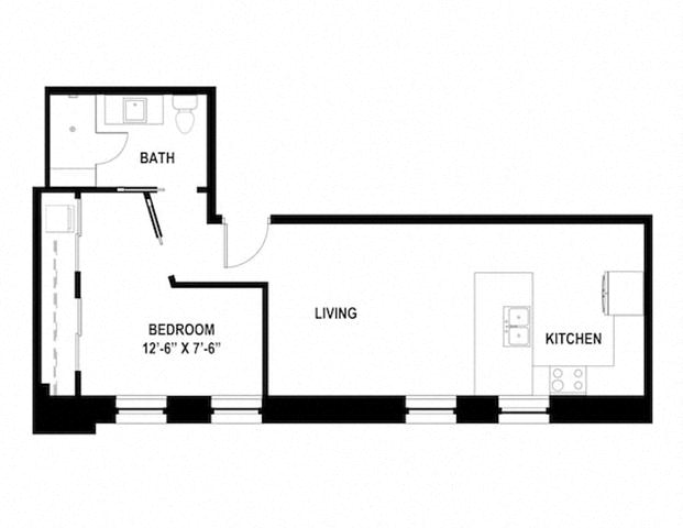 Floor plan for 1 bed, 1 bath, 625 sqft