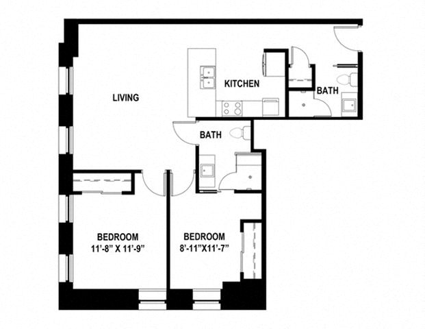Floor plan for 2 beds, 2 baths, 950 sqft