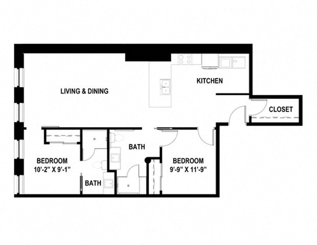 Floor plan for 2 beds, 2 baths, 1040 sqft