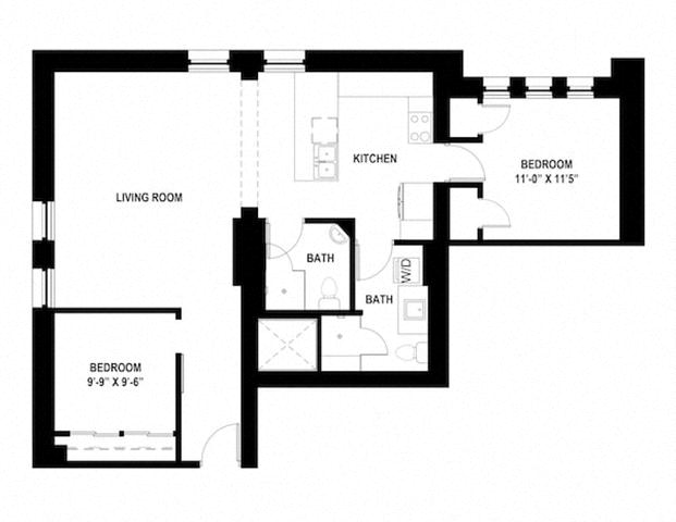 Floor plan for 2 beds, 2 baths, 620 sqft