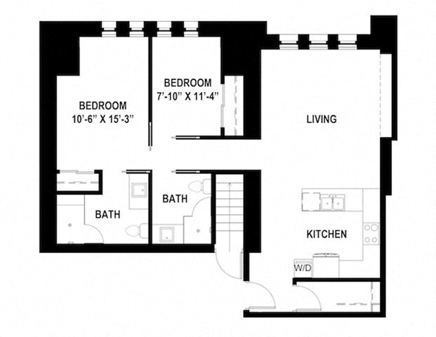 Floor plan for 2 beds, 2 baths, 1000 sqft