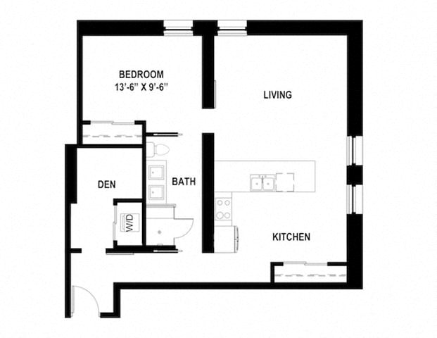 Floor plan for 1 bed, 1 bath, 900 sqft