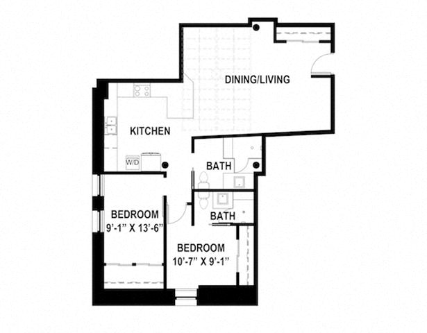Floor plan for 2 beds, 2 baths, 1050 sqft