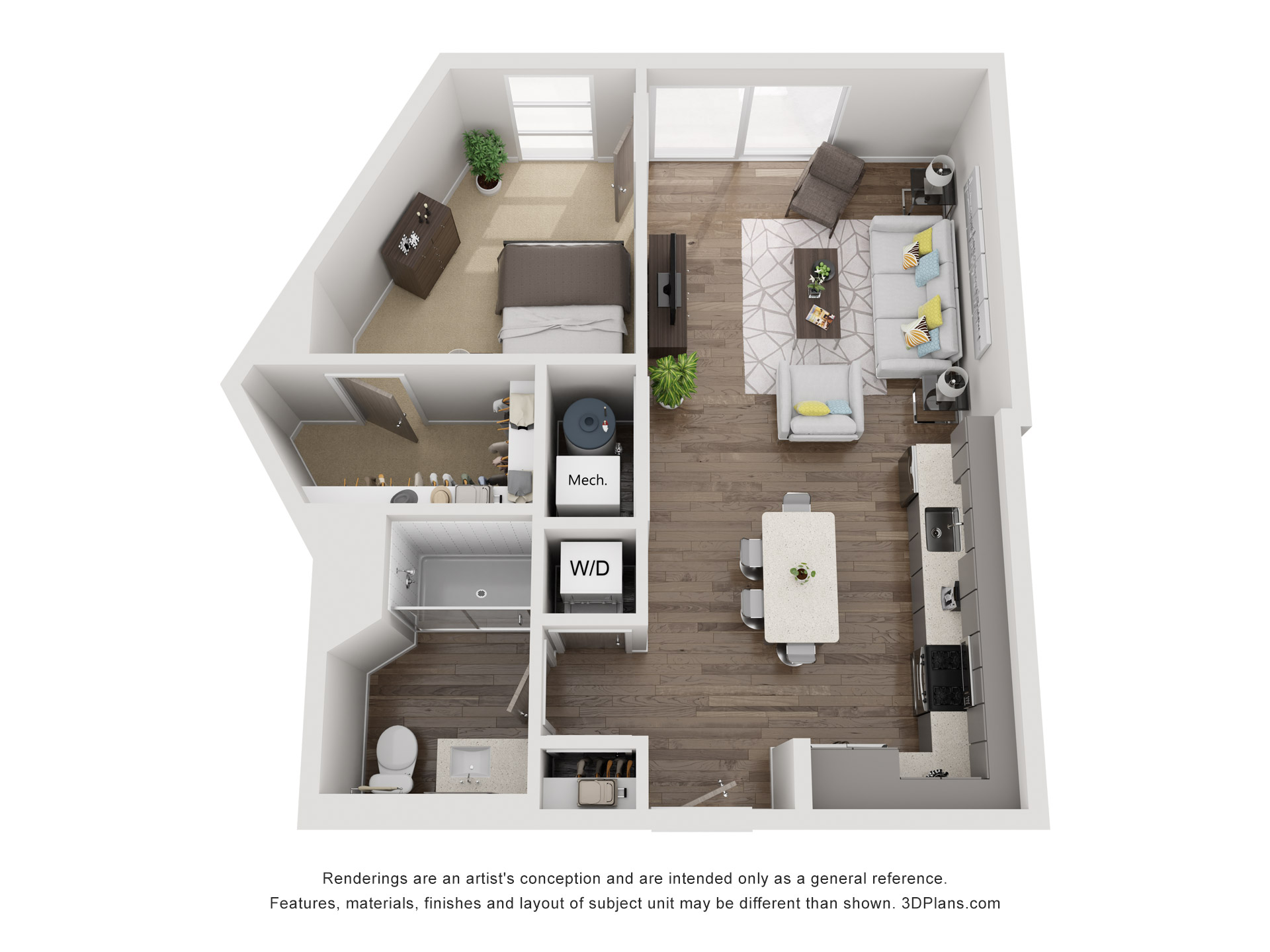 Floor plan for 1 bed, 1 bath, 705 sqft