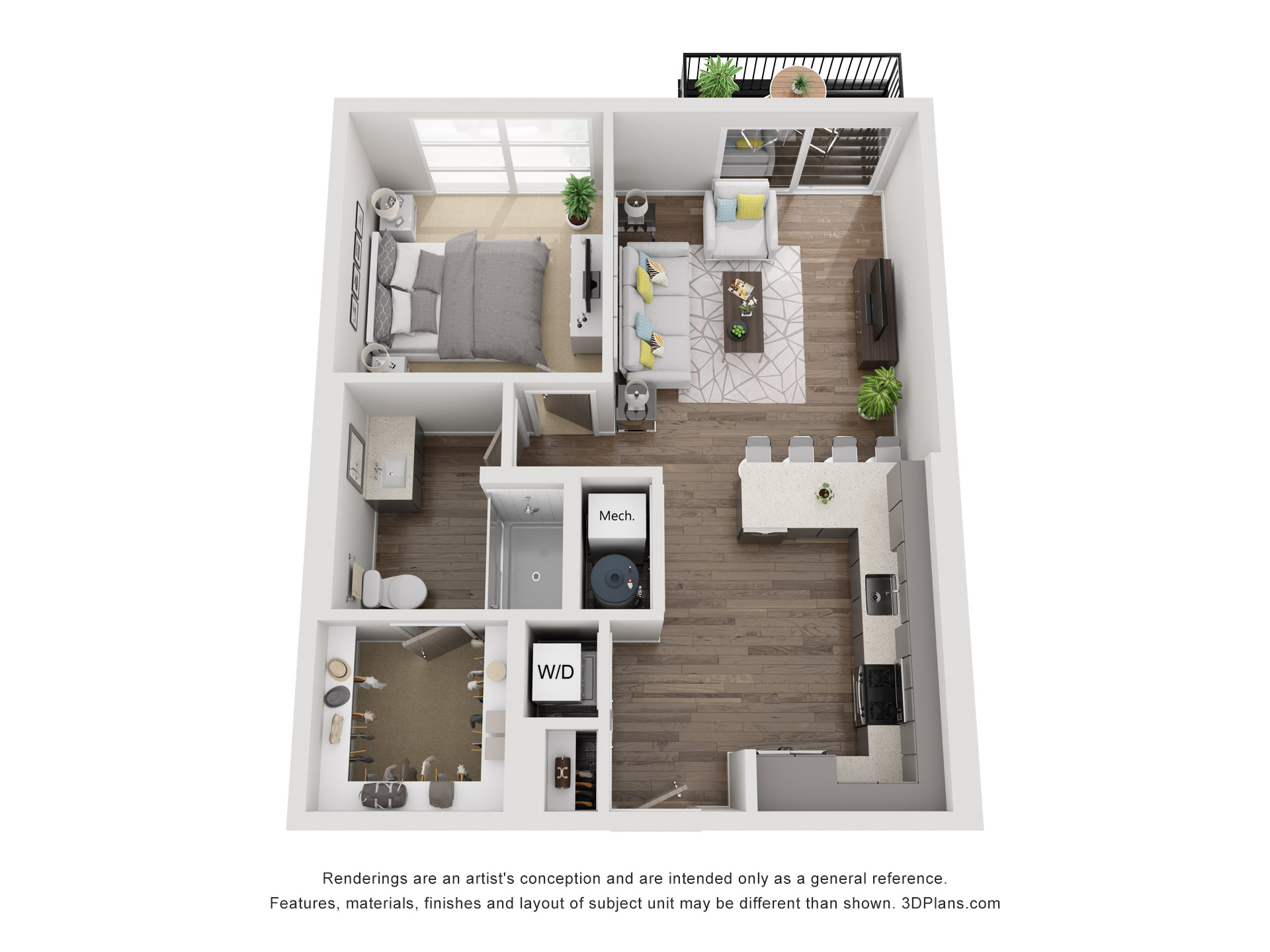 Floor plan for 1 bed, 1 bath, 747 sqft