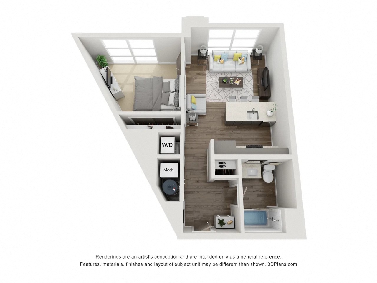 Floor plan for 1 bed, 1 bath, 663 sqft