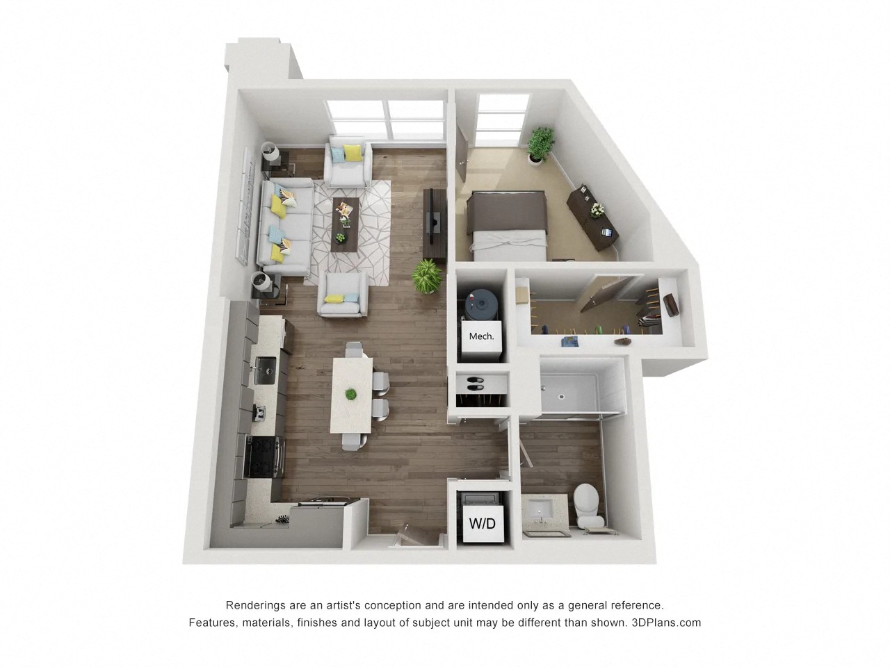 Floor plan for 1 bed, 1 bath, 705 sqft