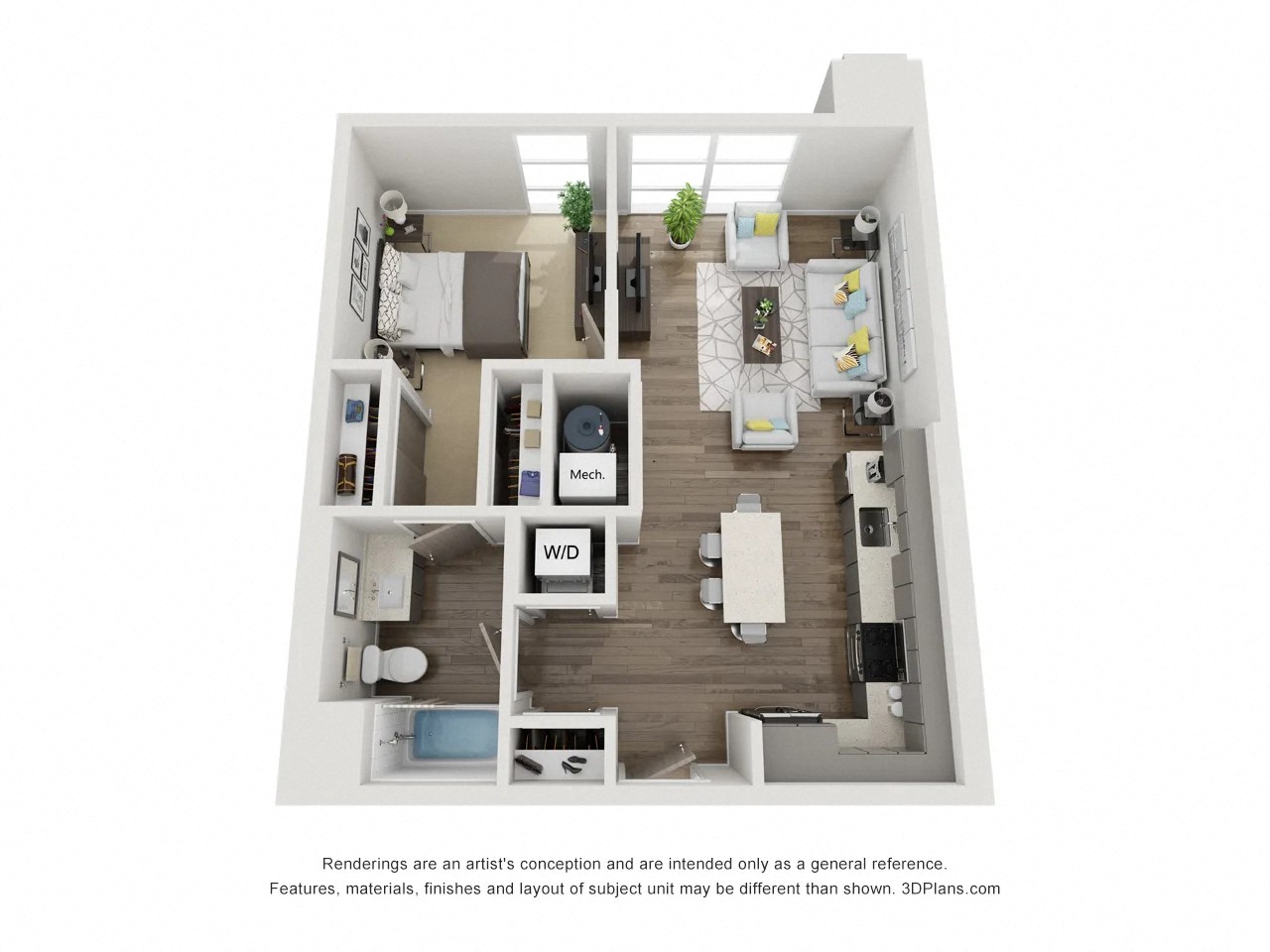 Floor plan for 1 bed, 1 bath, 706 sqft