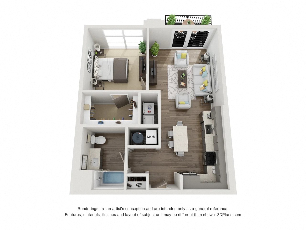 Floor plan for 1 bed, 1 bath, 747 sqft