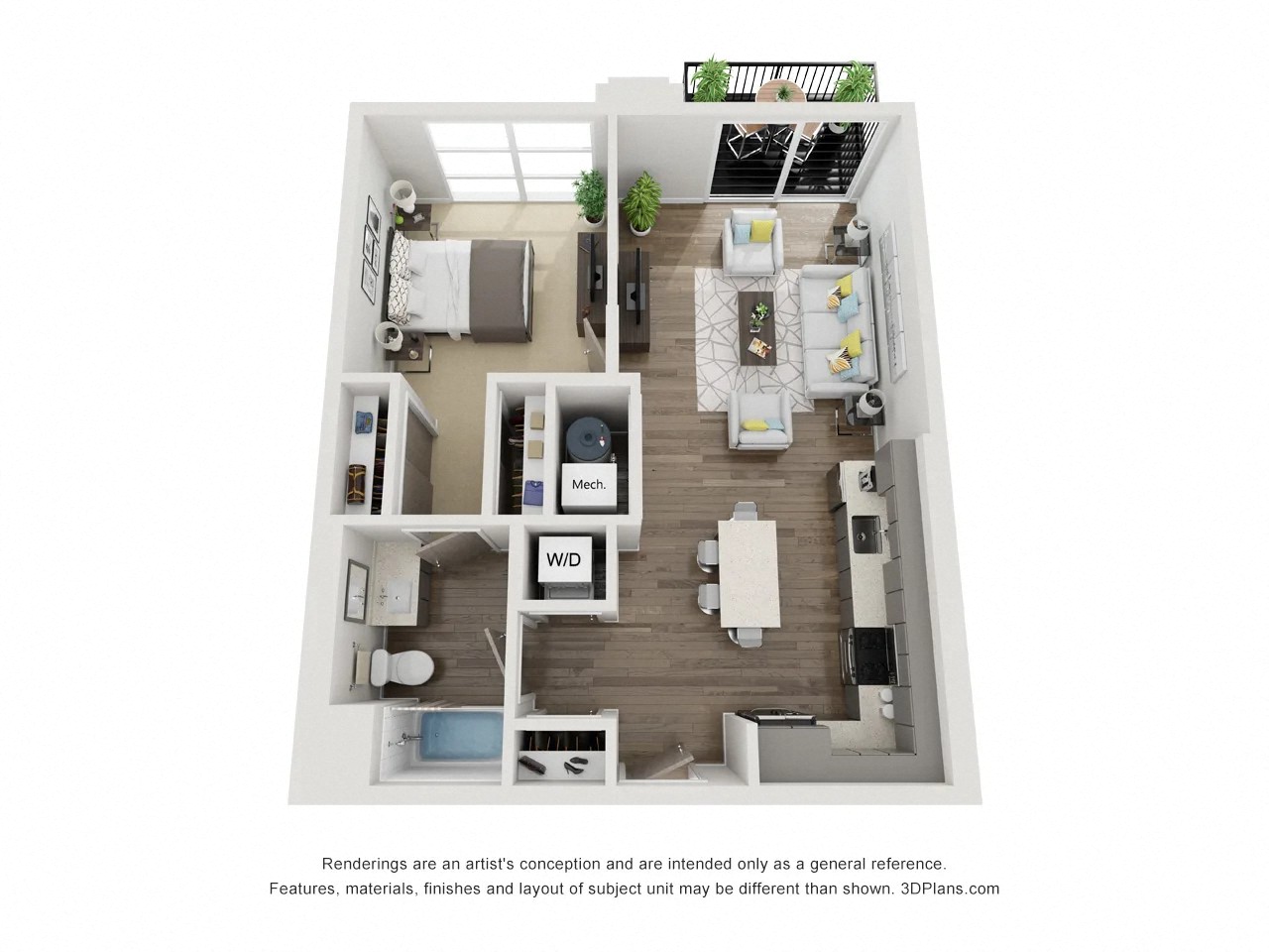 Floor plan for 1 bed, 1 bath, 747 sqft