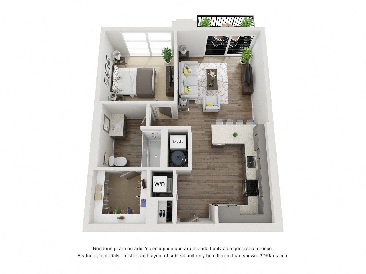 Floor plan for 1 bed, 1 bath, 747 sqft