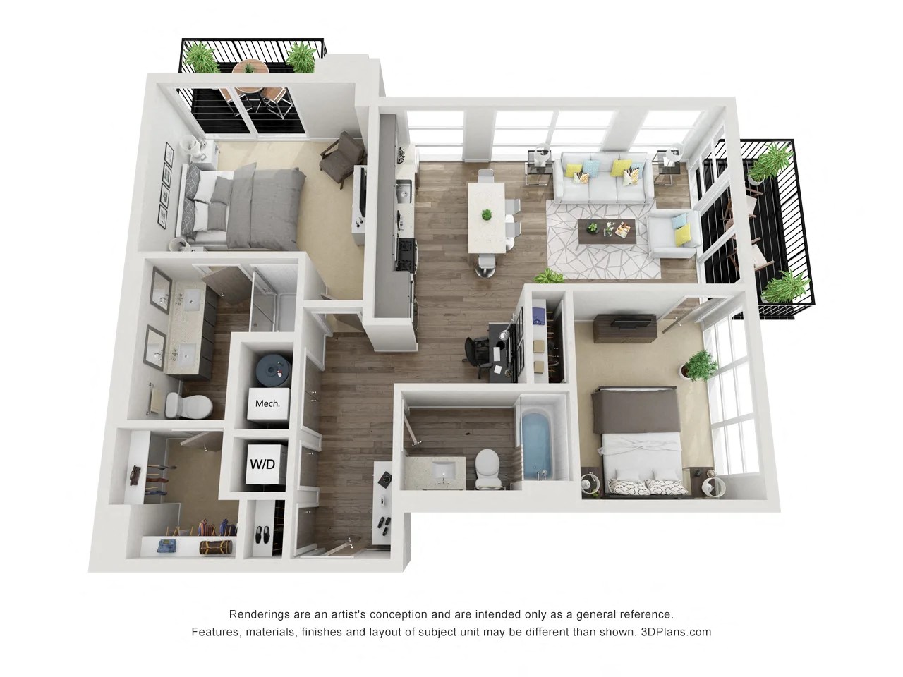 Floor plan for 2 beds, 2 baths, 992 sqft