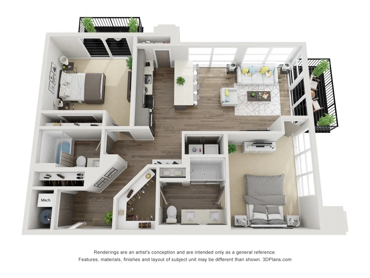 Floor plan for 2 beds, 2 baths, 1156 sqft