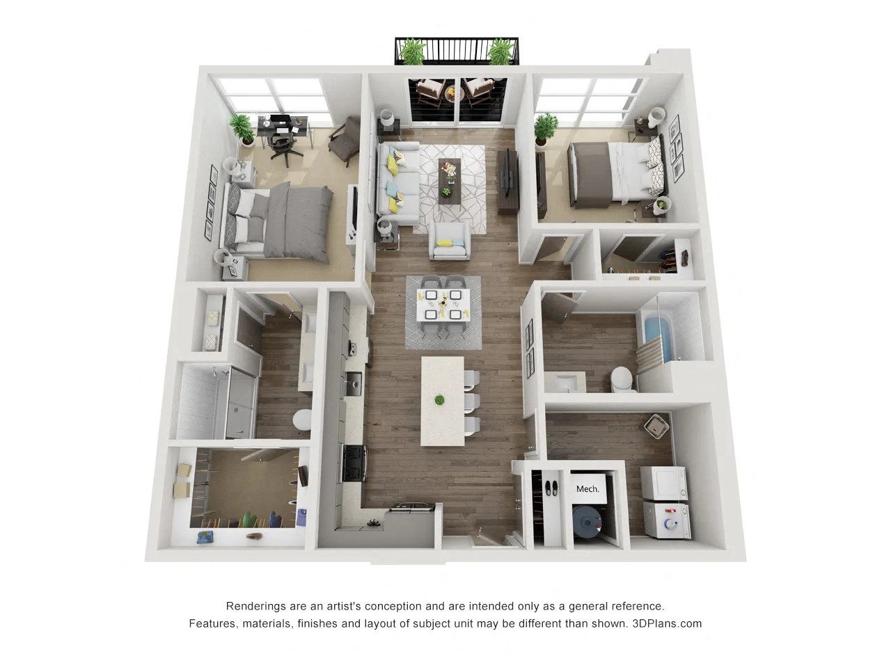 Floor plan for 2 beds, 2 baths, 1180 sqft