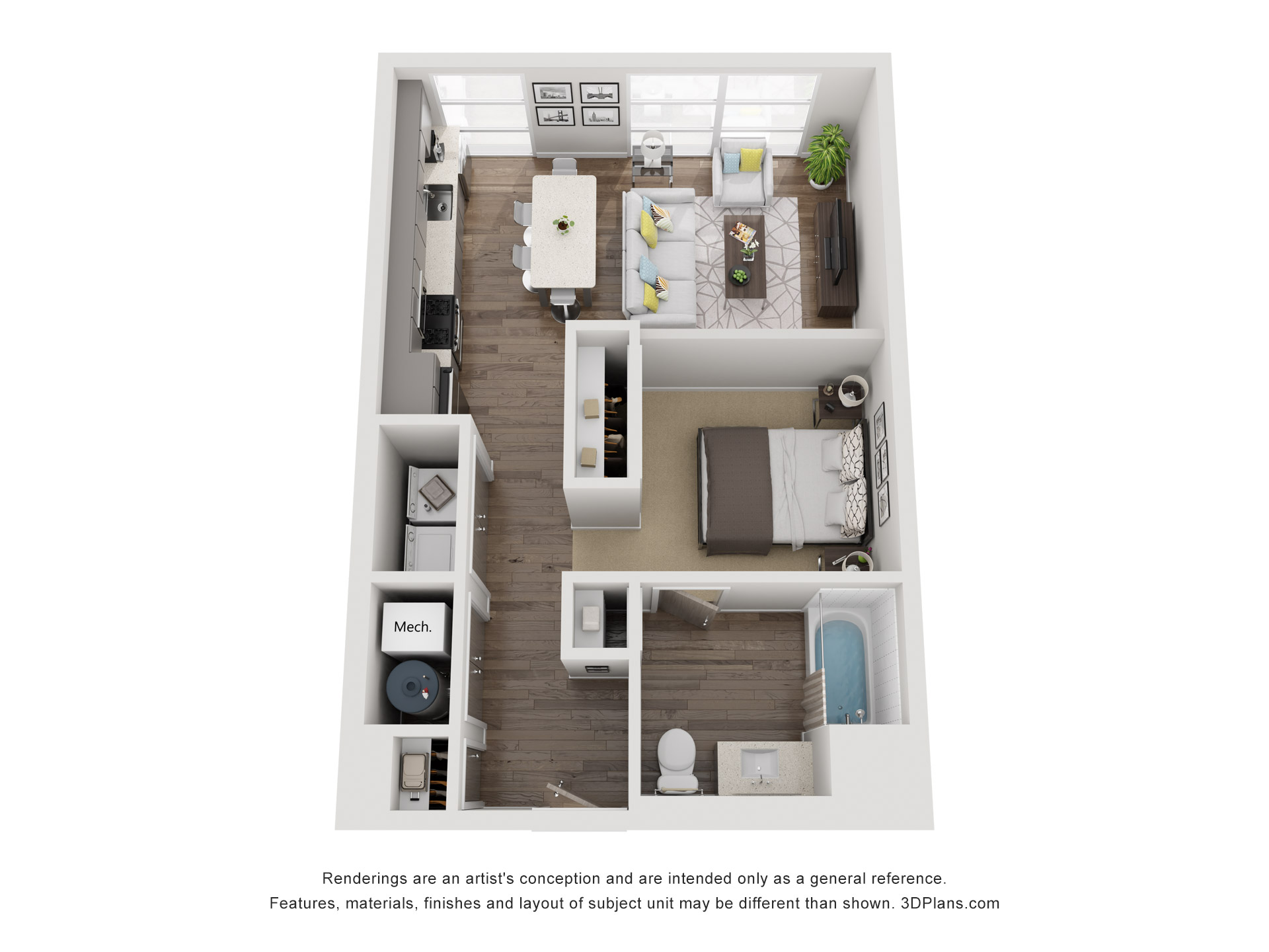 Floor plan for studio, 1 bath, 613 sqft