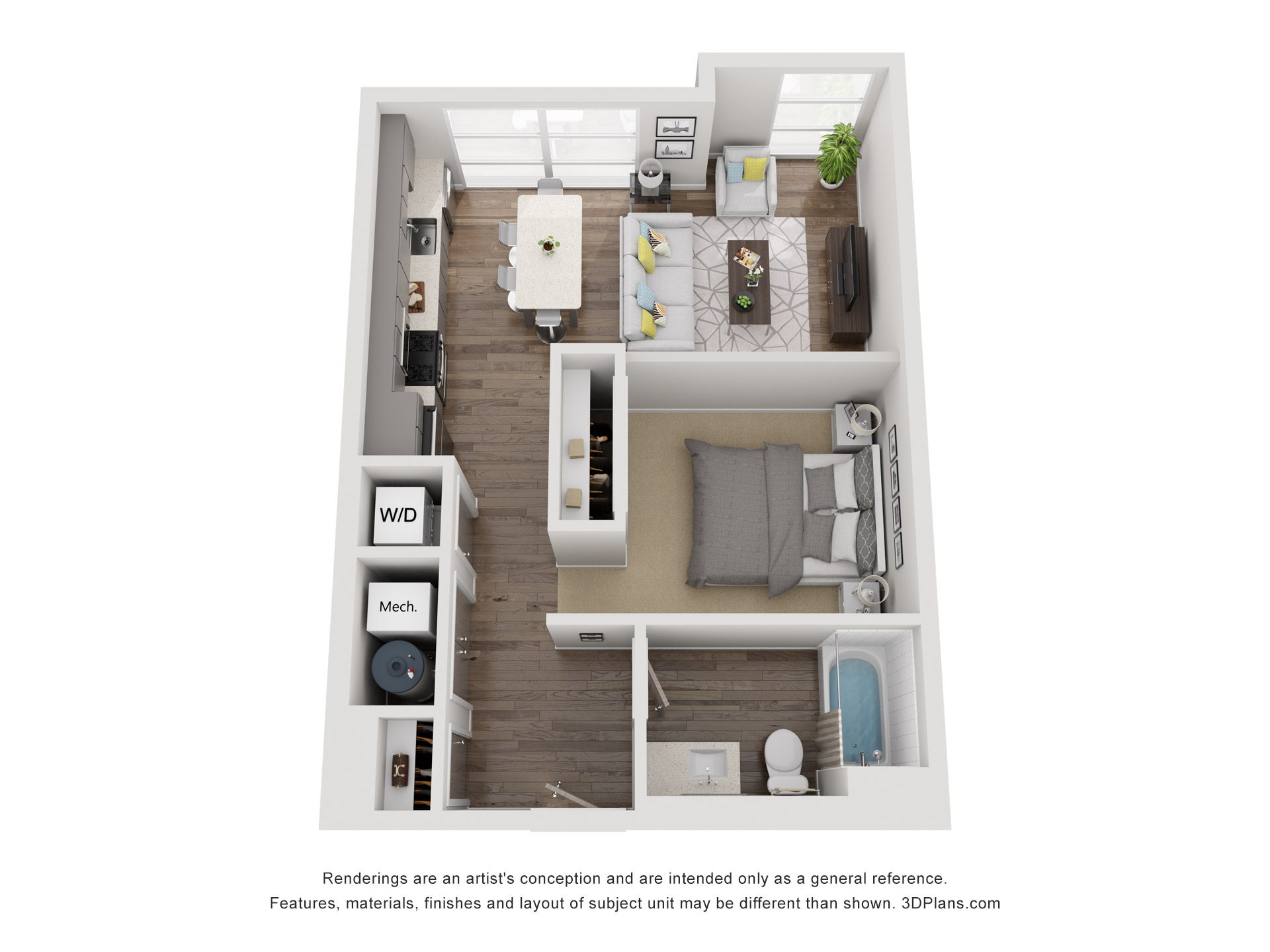 Floor plan for studio, 1 bath, 623 sqft
