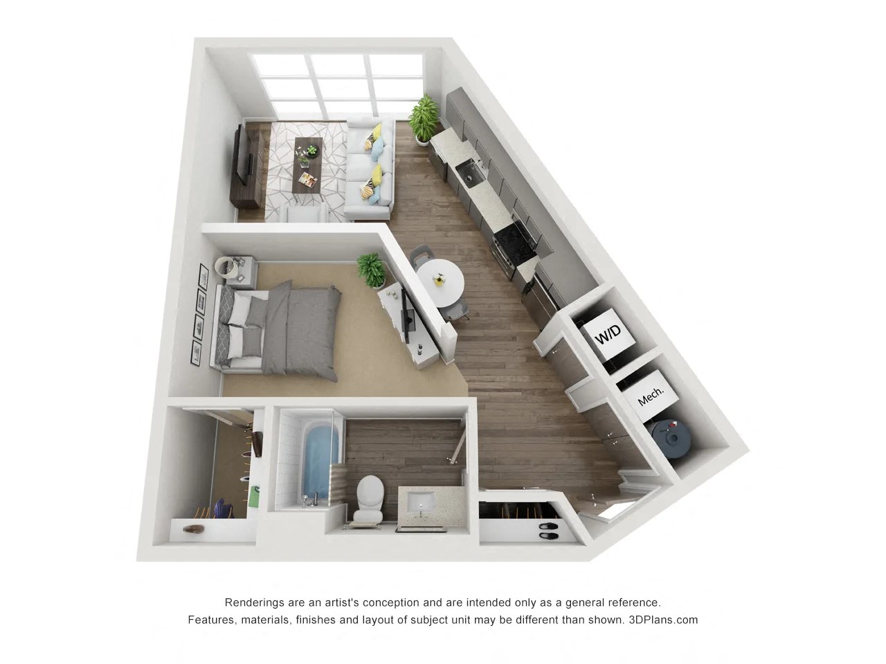 Floor plan for studio, 1 bath, 632 sqft