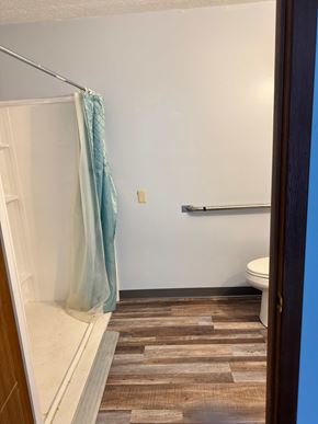 New  Waterford apartment for rent - A bathroom with a toilet, a shower with a blue curtain, and a wooden floor.
