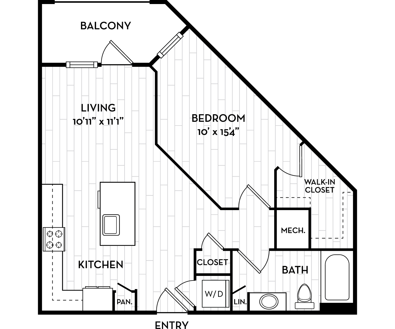 Floor plan for 1 bed, 1 bath, 677 sqft
