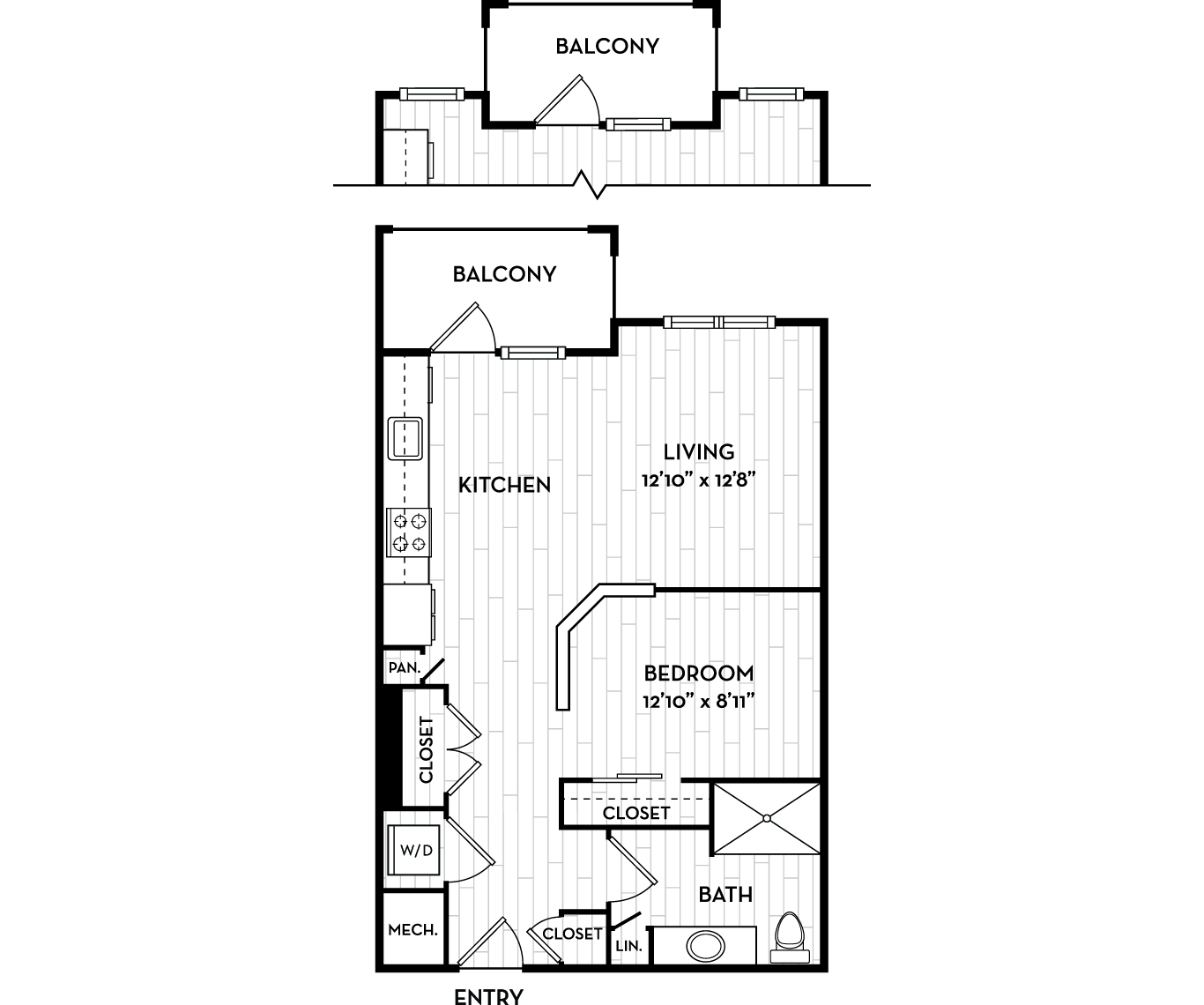 Floor plan for 1 bed, 1 bath, 687 sqft
