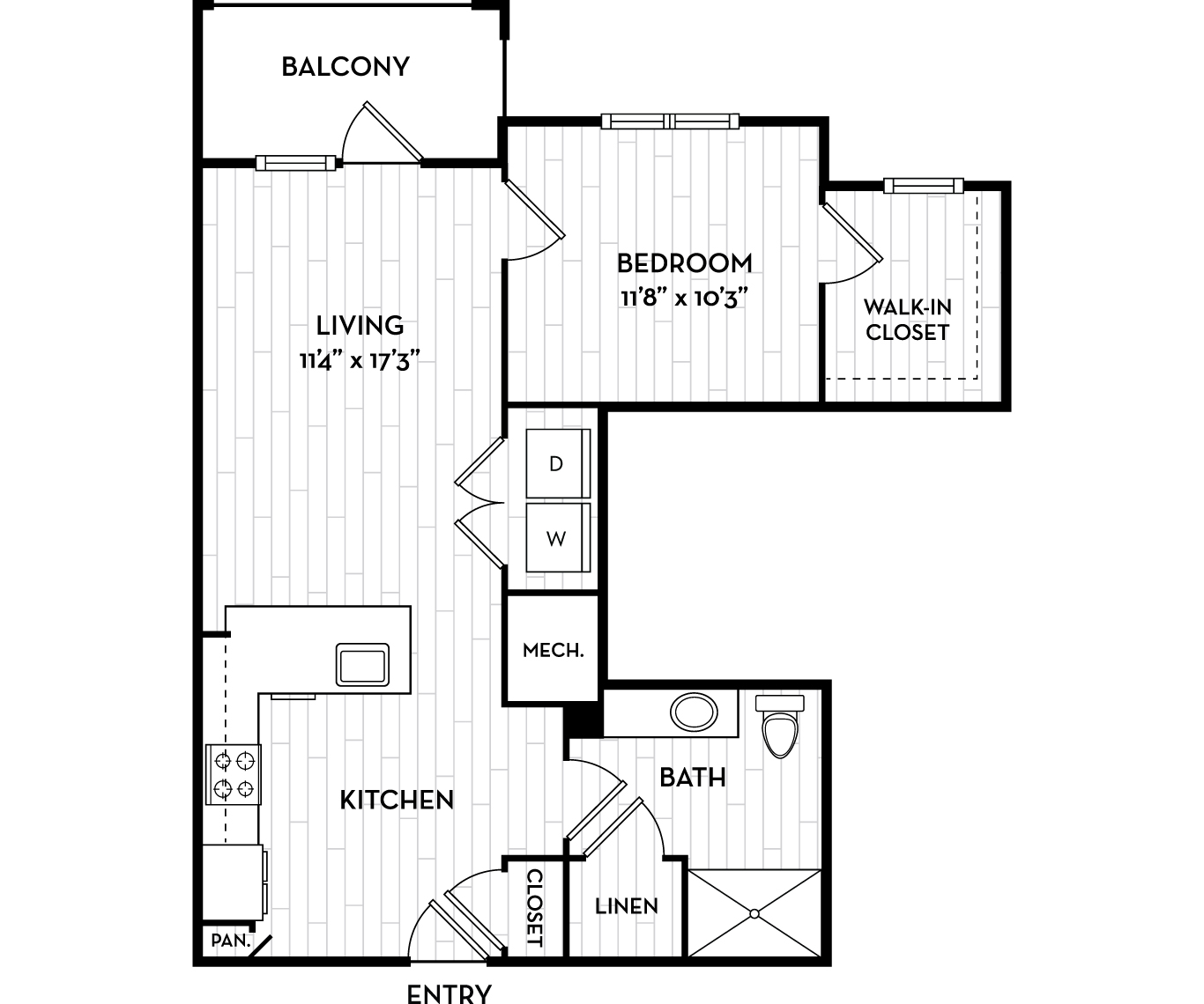 Floor plan for 1 bed, 1 bath, 723 sqft