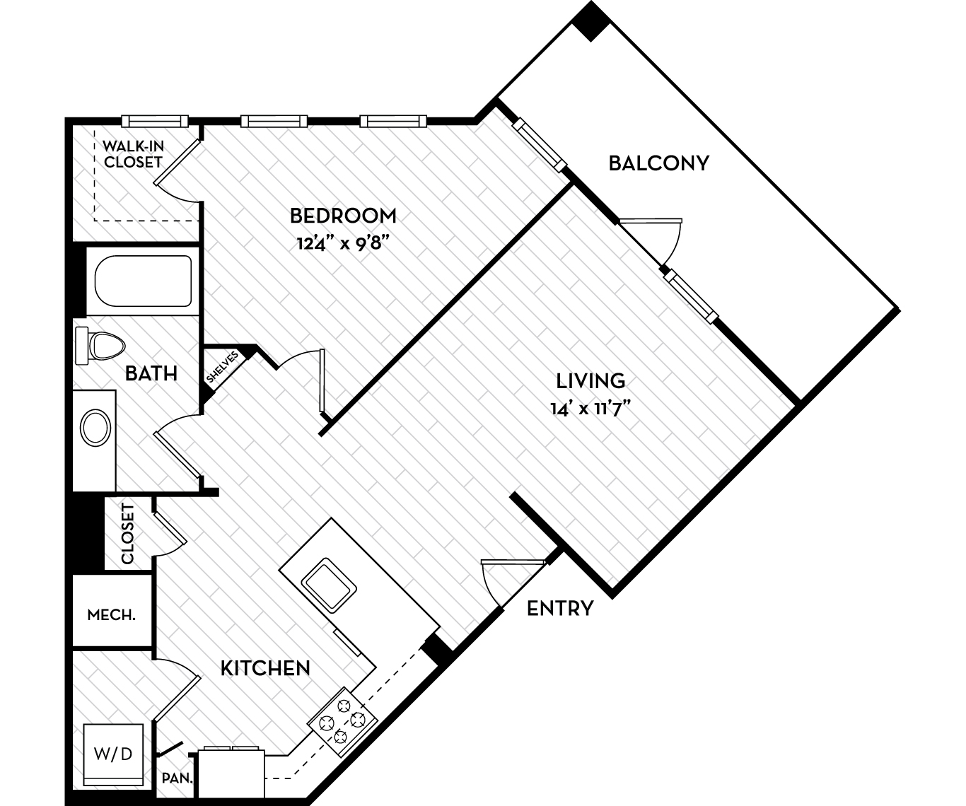 Floor plan for 1 bed, 1 bath, 750 sqft