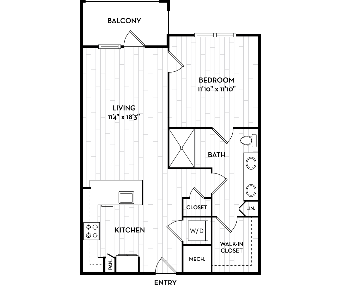 Floor plan for 1 bed, 1 bath, 751 sqft