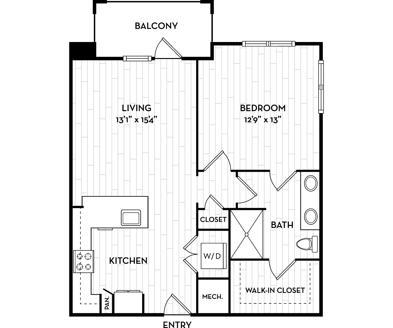 Floor plan for 1 bed, 1 bath, 751 sqft