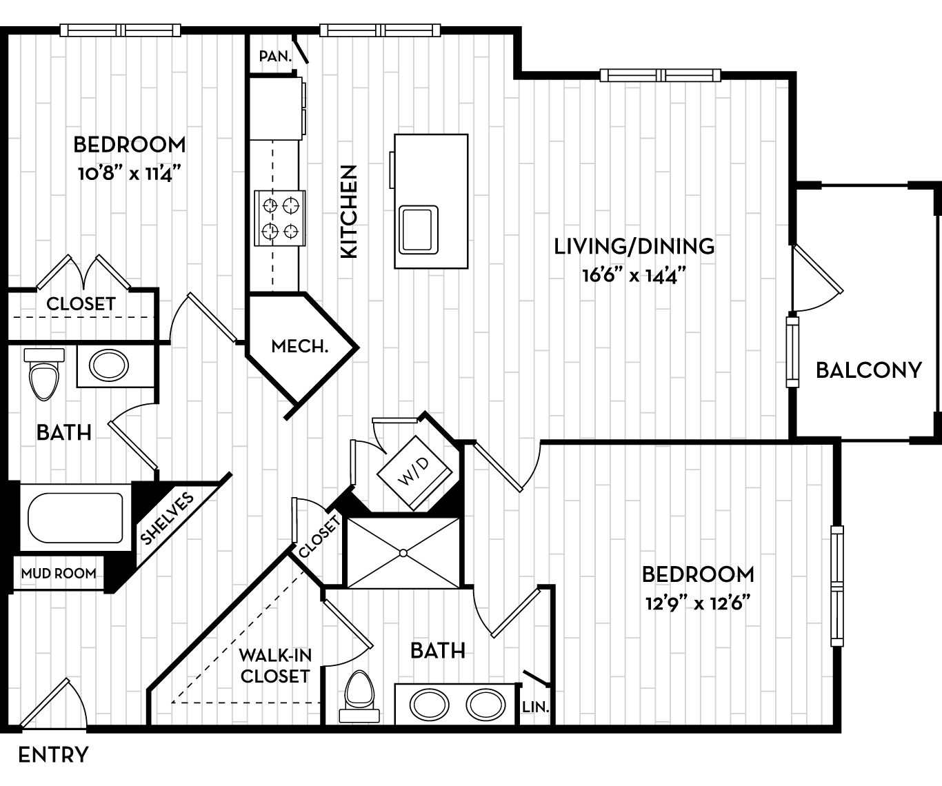 Floor plan for 2 beds, 2 baths, 1154 sqft