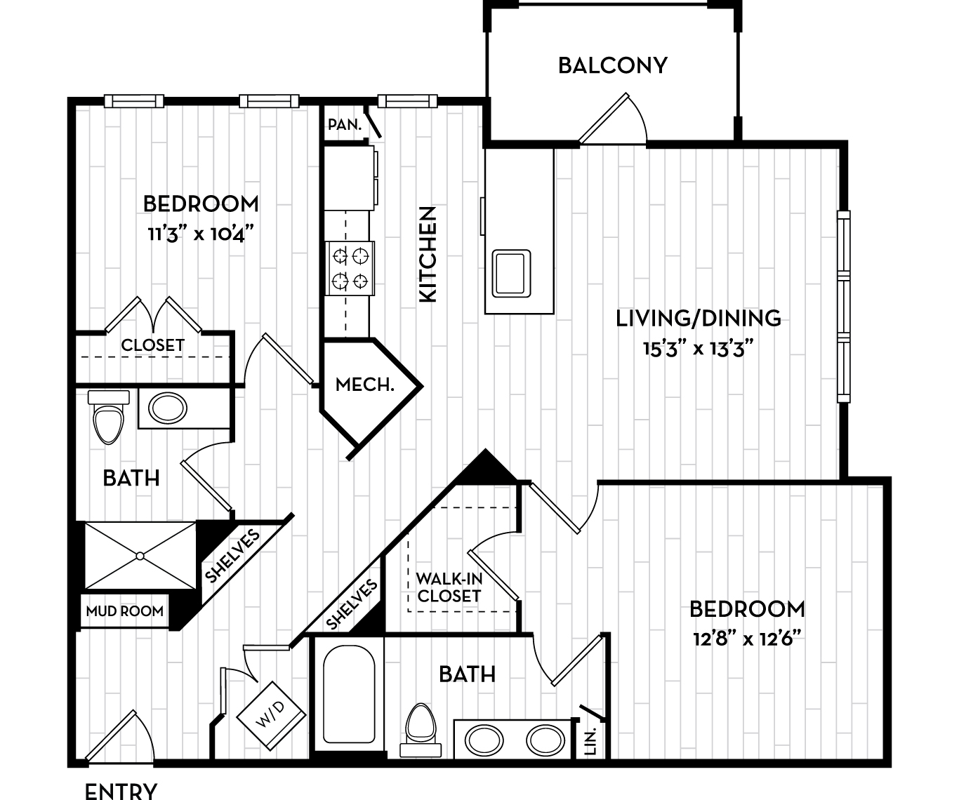 Floor plan for 2 beds, 2 baths, 1110 sqft