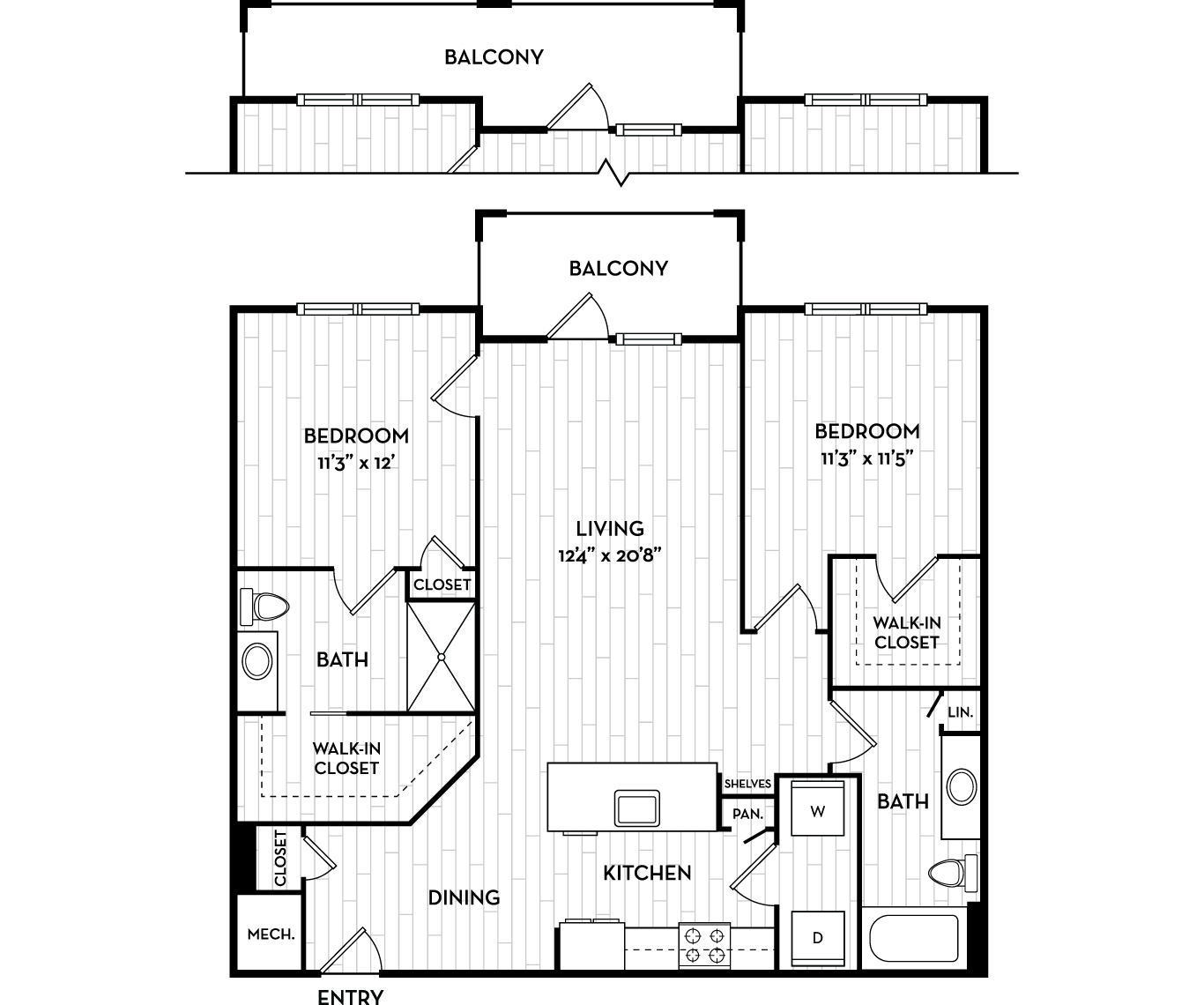 Floor plan for 2 beds, 2 baths, 1134 sqft