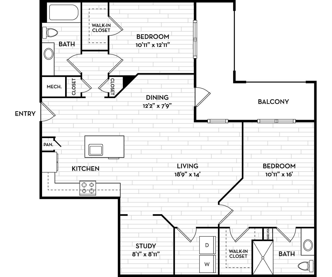 Floor plan for 2 beds, 2 baths, 1327 sqft