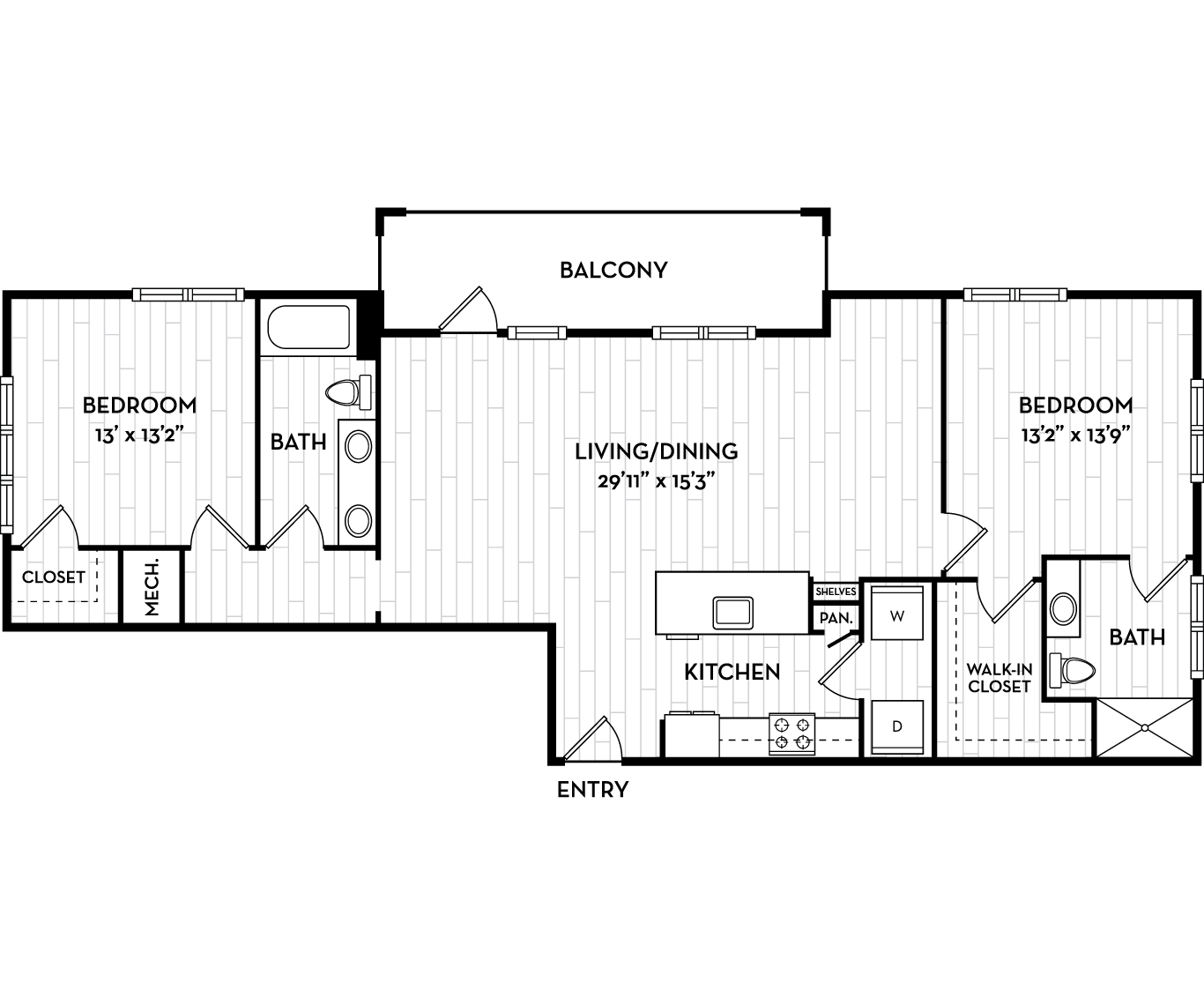 Floor plan for 2 beds, 2 baths, 1358 sqft