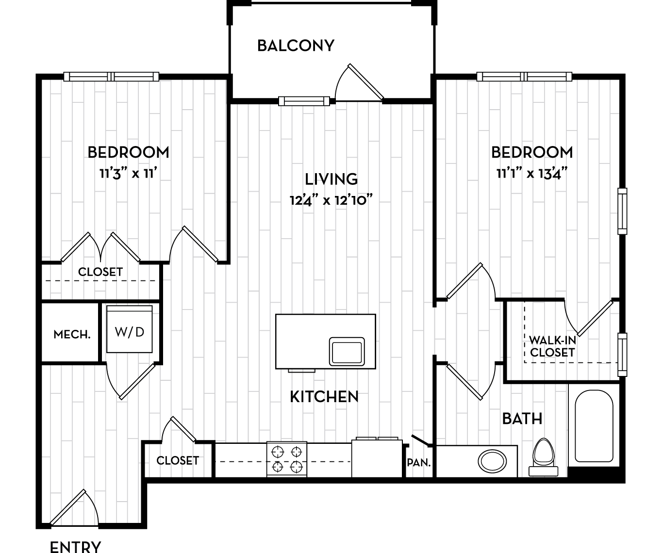 Floor plan for 2 beds, 2 baths, 901 sqft