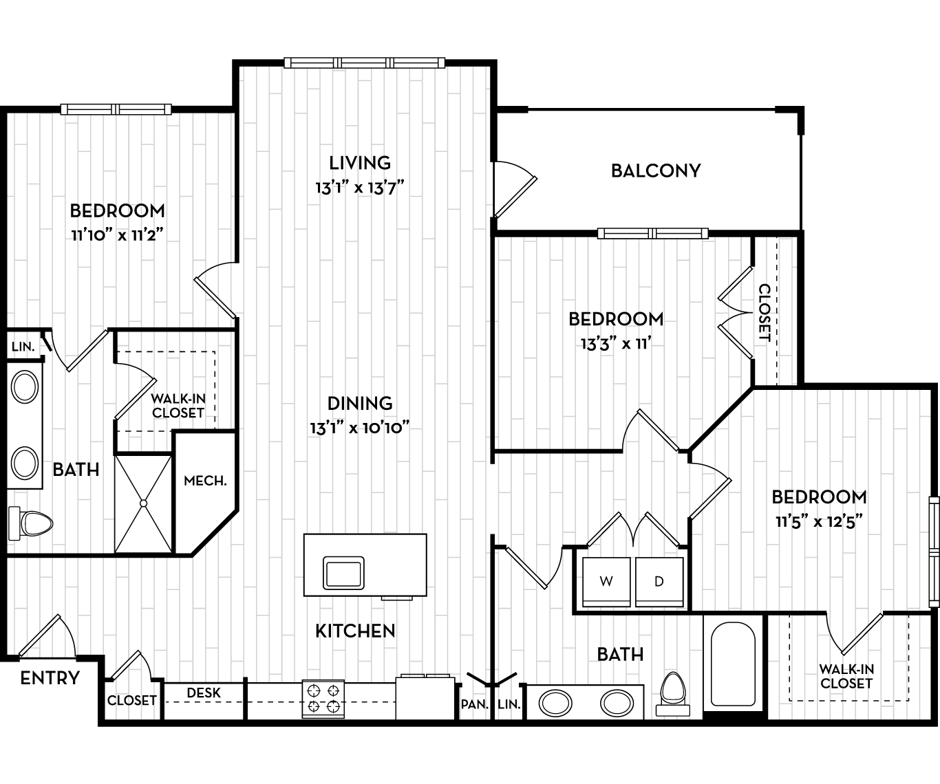 Floor plan for 3 beds, 2 baths, 1405 sqft