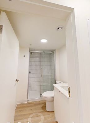 Halifax apartment for rent - A white toilet in a small bathroom with a walk-in shower.